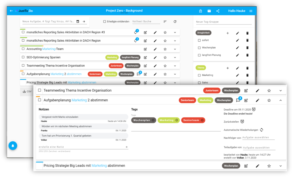 JustTo.Do Aufgaben Info und Tags